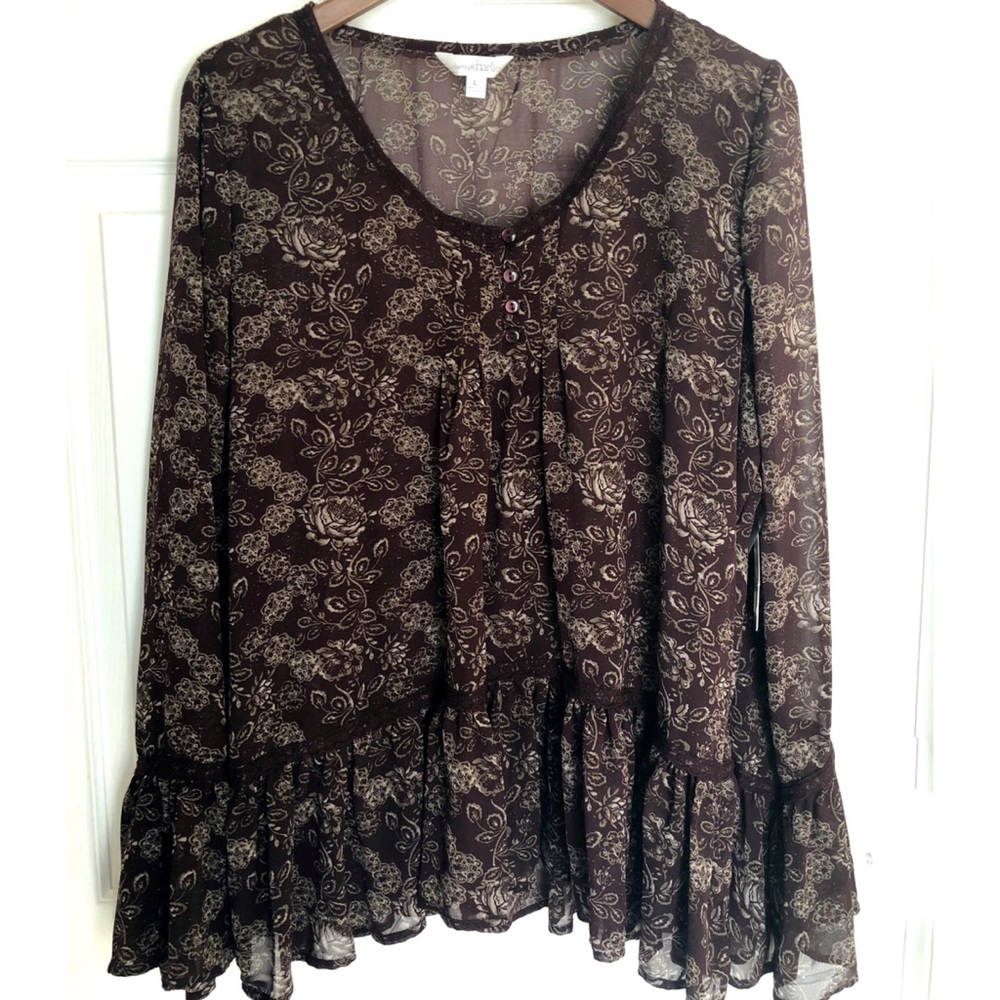 Charming Charlie Brown Sheer Floral Ruffle Hem Blouse